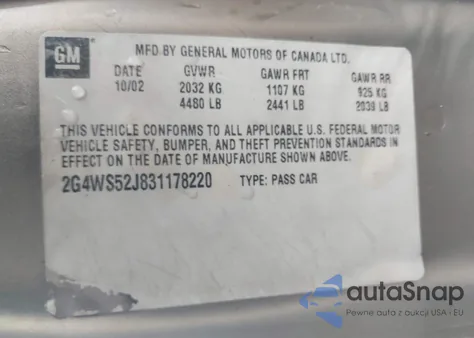 2003 Buick Century Custom from USA, damaged, VIN 2G4WS52J831178220